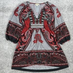 One World Tunic‎ Women's Small Red 3/4 Sleeve Stretch Paisley Boho Hippie